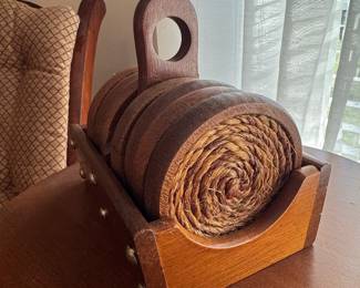 Vintage Wood and Rope Coaster Set with Holder