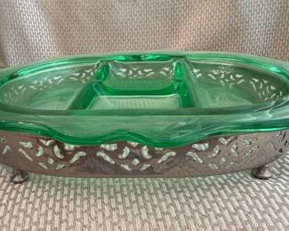 Vintage Green Depression Glass Relish Dish in Silver-Plated Holder
