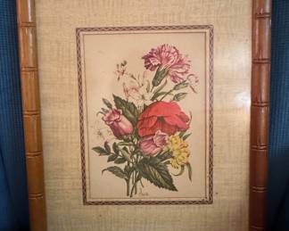 Vintage 1940s Benoit Chirat Floral Botanical Print in Faux Bamboo Frame
