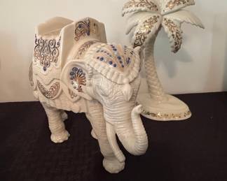 Vintage Ceramic Elephant and Palm Tree Figurine Set