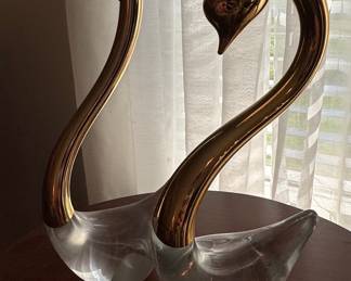 Pair of Vintage Murano-Style Art Glass and Brass Swan Figurines