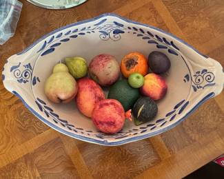 Blue and White Oval Ceramic Serving Bowl with Decorative Fruit