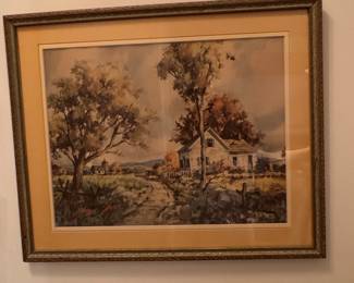 Vintage American Rural Landscape Watercolor Painting