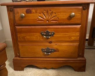 Pine Three-Drawer Nightstand with Sunburst Motif