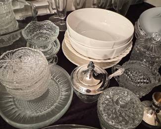 Mixed Vintage Glassware and Silver-Plated Serving Collection featuring Anchor Hocking Wexford