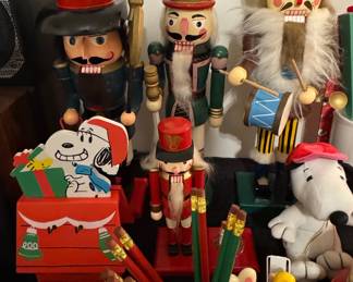 Collection of Vintage Christmas Nutcrackers and Snoopy Holiday Decor