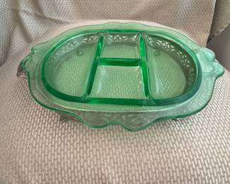 Vintage Green Depression Glass Relish Dish in Silver-Plated Holder