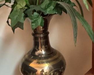 Vintage Etched Metal Baluster Floor Vase with Faux Orchid Arrangement