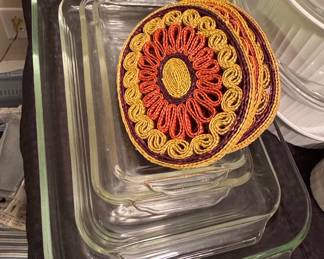 Vintage Clear Glass Baking Dish Set with Woven Raffia Trivets