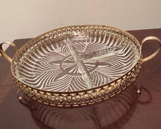 Vintage Gold-Tone Metal Gallery Hors D'Oeuvres Dish