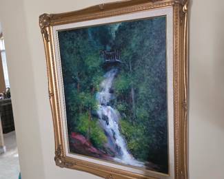 Gilt-framed waterfall landscape painting