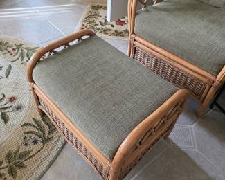 Rattan ottoman with sage green cushion and matching chair
