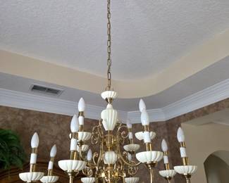 Brass and white multi-arm chandelier