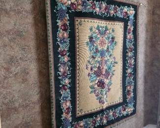 Framed floral needlepoint tapestry wall hanging