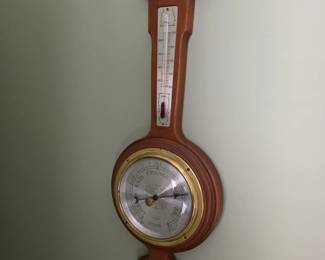 Wood-cased wall barometer and thermometer