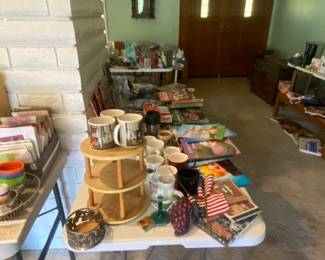 Mugs, coffee, cups, children's books, many new all kinds of books and magazines, golf, and sewing