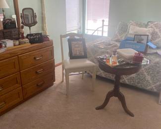Custom-made wood table, beautiful day bed with bedding, mirrors, perfume cosmetics