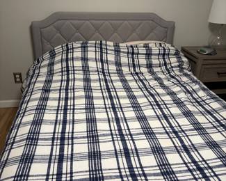 Grey upholstered bed, high boy and end table