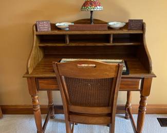 Vintage wood desk, small stained glass lamp