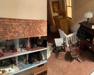 Vintage Wood Dollhouse. Doll house furniture.