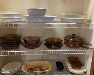 Corning ware, casserole dishes, pots and pans, stoneware