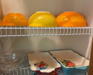 Pyrex bowls, stoneware, casserole dishes