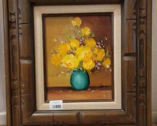 Floral Still Life Oil Painting in Carved Wood Frame