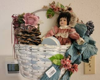 Decorative Wicker Wall Basket with Porcelain Doll Arrangement