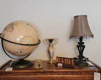 Decorative Tabletop Collection Globe, Vase, Lamp, Sign, and Candle Holder