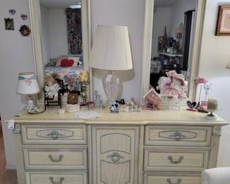 French Provincial Style Triple Dresser with Attached Mirrors