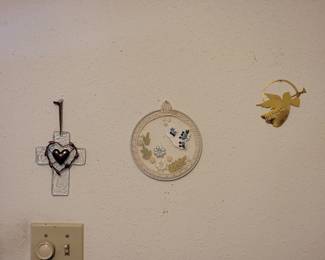 Wall Hanging Trio Glass Cross, Embroidered Hoop, and Metal Angel