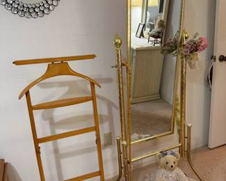 Vintage Brass Cheval Mirror and Wooden Valet Stand