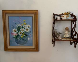 J. Taylor Floral Still Life Oil Painting and VictorianStyle Wall Shelf