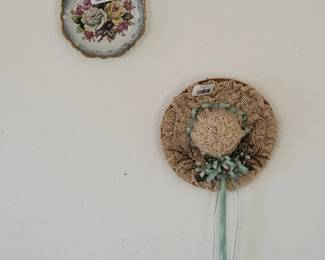 Vintage Decorative Wall Plate and Crochet Hat Wall Hanging