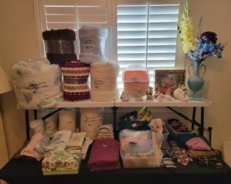 Assorted Household Linens, Bedding, and Decorative Collectibles