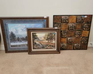 Collection of Two Framed Prints and One Decorative Metal Wall Panel