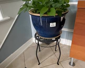 Cobalt Blue Glazed Ceramic Planter with Metal Stand