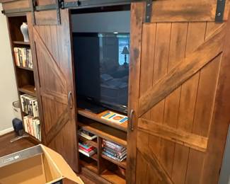 Rustic Farmhouse Barn Door Entertainment Center with Integrated Shelving second image