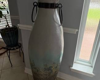 Large Floor Vase with Iron Ring Handles and Gradient Glaze