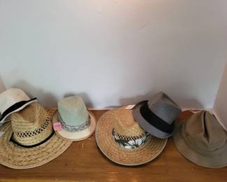 Collection of five casual hats including straw cowboy hats, a wide-brimmed sun hat, and a tan canvas hat. Styles vary from natural woven straw to fabric construction.