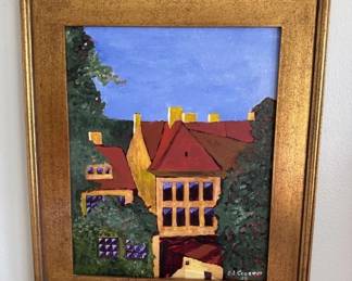 Colorful acrylic painting depicting a Victorian-style house with yellow and red exterior, surrounded by green foliage and blue sky. Signed by the artist in the lower right corner.