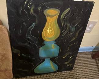 Acrylic or oil painting on black canvas depicting a stylized oil lamp with a yellow flame and turquoise base against a dark background with gestural brushwork.
