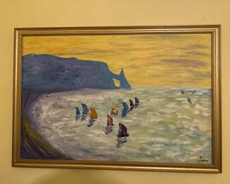 Oil painting depicting a beach scene with figures and dramatic coastal cliffs in the background. The work features warm golden tones in the sky and shows people gathered on the shore.