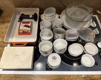 Cast iron / enamel casserole pan. Creme Brulé dishes. Large kitchen lot. 