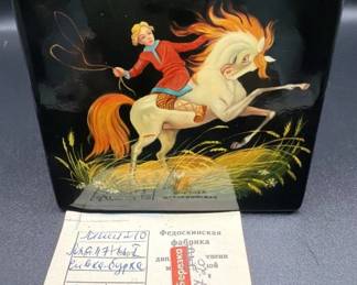 Vintage Russian painted black lacquer boxes.