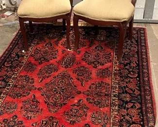 Vintage Persian Style Red Rug with Pair of Chairs Mirror