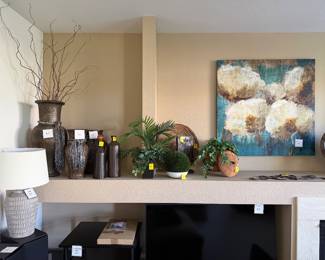 Variety of large decorative vases, wall art, lamp
