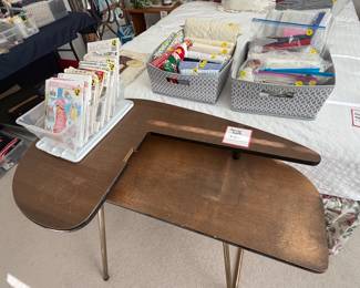 Vintage folding sewing table, patterns, scrap material, sewing supplies