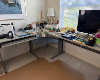 3 pc corner desk, chair pad, 32" SONY tv, office supplies, and printer
