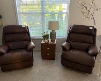 LaZboy rocker recliner and recliner, two-drawer side cabinet, lamp, wall art